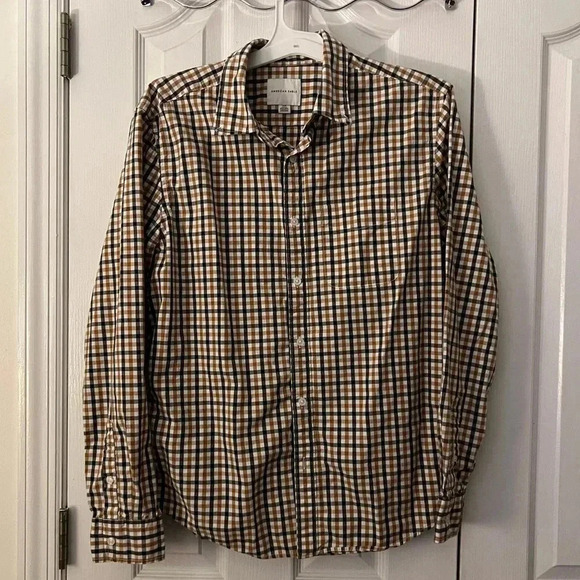 American Eagle Mens Large Tan Black Button Down Shirt - Picture 1 of 4